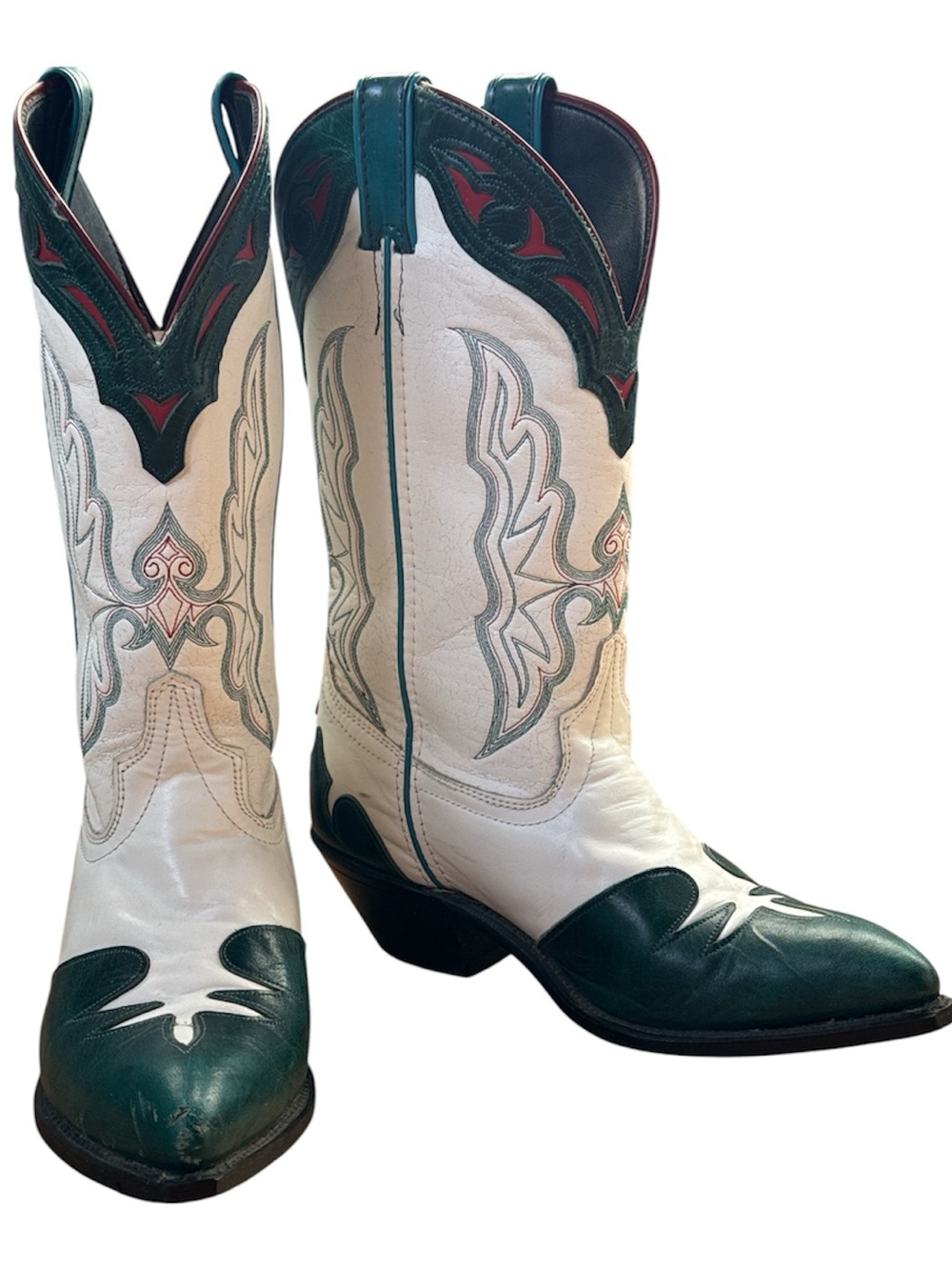 Laredo 1980’s vintage leather green/turquoise red snip toe cowgirl boot 8